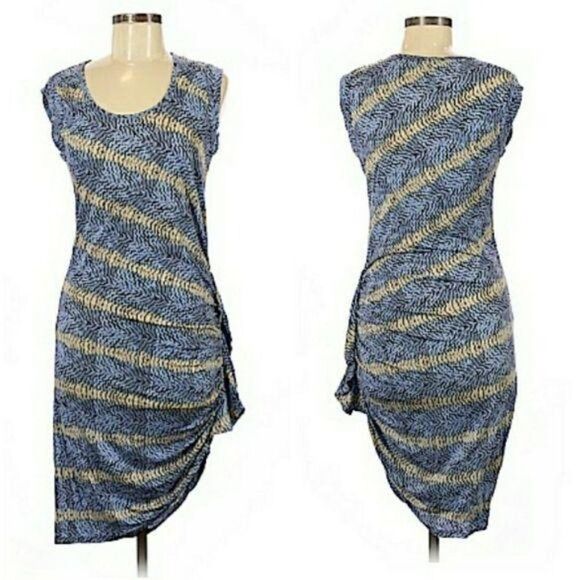 BCBGMaxAzria Casual Jersey Knit Mini Ruched Asymmetrical Hem Dress Striped Sz M - Picture 1 of 8